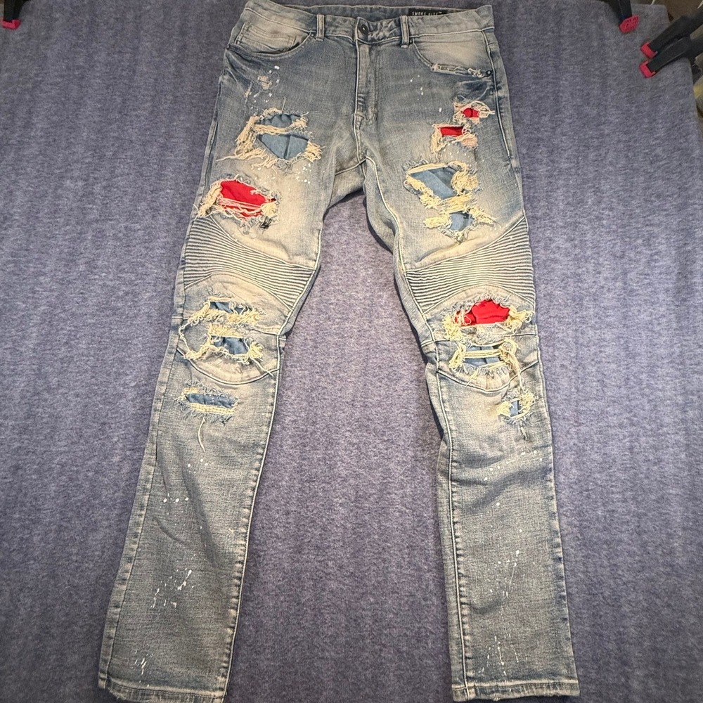 Smoke Rise Mens Distressed Biker Moto Jeans Red Patch Paint Splatter 32x32